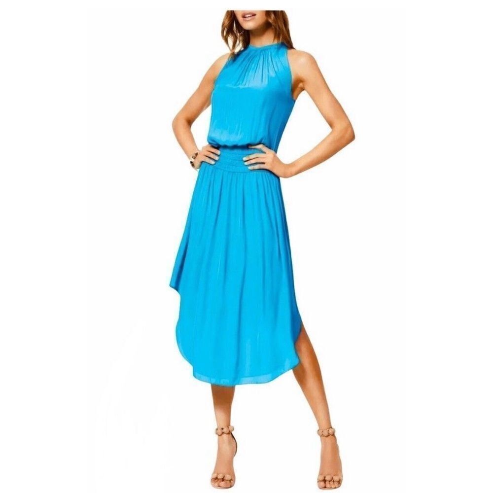 Ramy Brook Audrey Blouson Midi Dress Sz XS Turquoise Satin Sleeveless‎